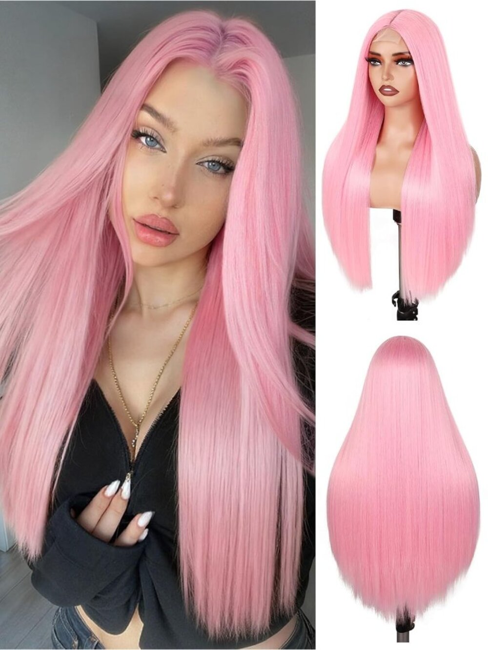 Women's Pink 26 Inch Heat Resistant Straight Middle Part Synthetic Wigs